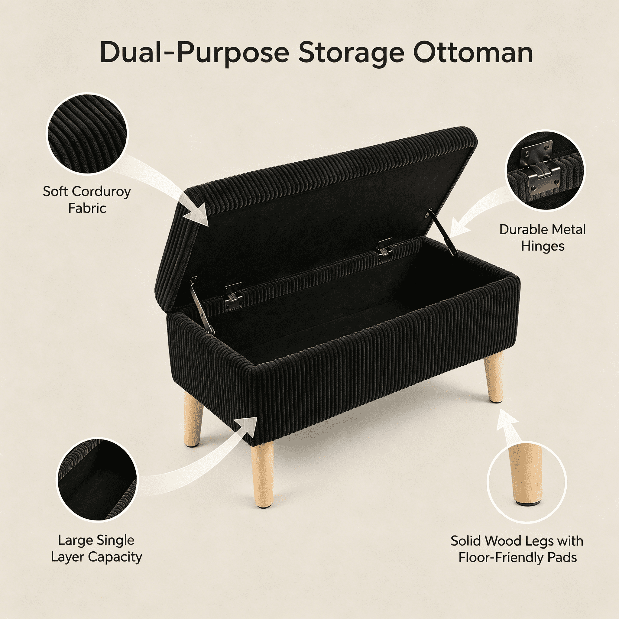 32 inch Wide Olive Black Corduroy Storage Ottoman Bench with Wooden Legs, Flip-Top Storage Box, Soft Upholstered End of Bed Bench, Footrest & Shoe Bench for Bedroom, Living Room, Entryway
