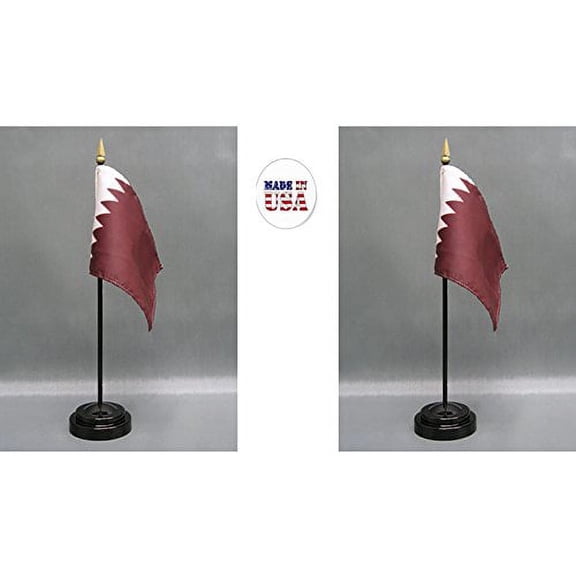 Made in The USA. 2 Qatar Rayon 4"x6" Miniature Office Desk & Little Hand Waving Table Flags Includes 2 Flag Stands & 2 Small Mini Qatari Stick Flags