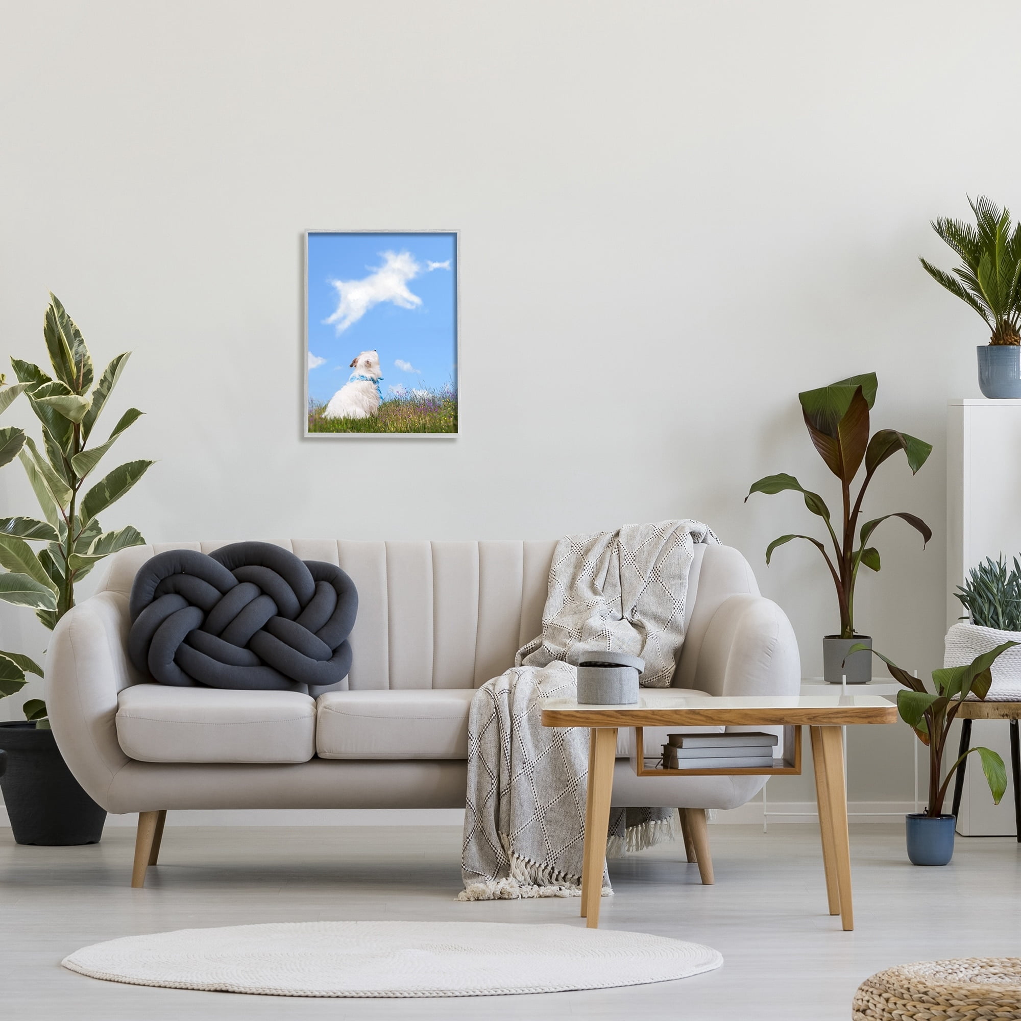 Stupell Industries White Dog Watching Shaped Clouds Chasing Bone Graphic Art Gray Framed Art Print Wall Art, Design by Michael Quackenbush