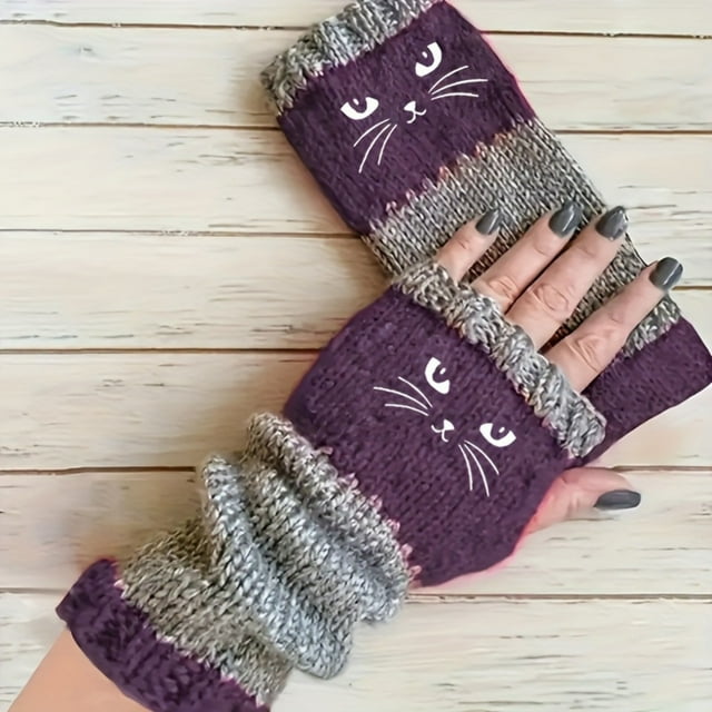 Cat Embroidered Knit Warm Gloves for Indoor Outdoor Use with Foldable Lightweight Aluminum Design 2PCS