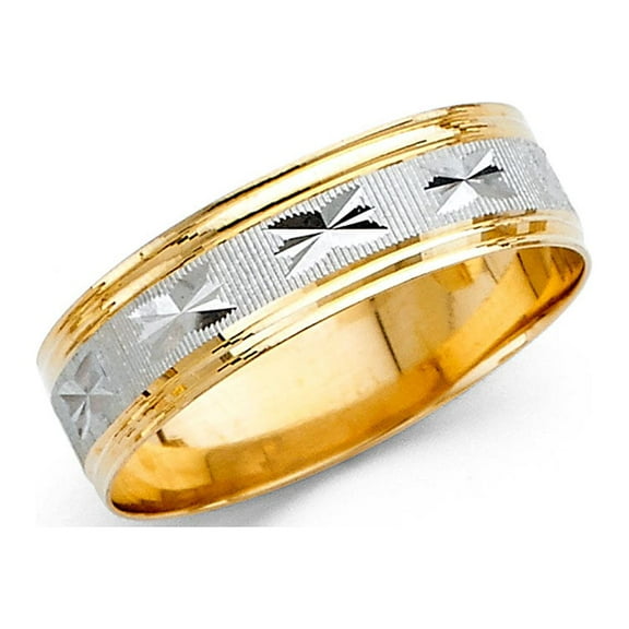 Solid 14k Yellow White Gold Wedding Band Milgrain Ring Diamond Cut Star Two Tone Polished 6 mm, Size 8