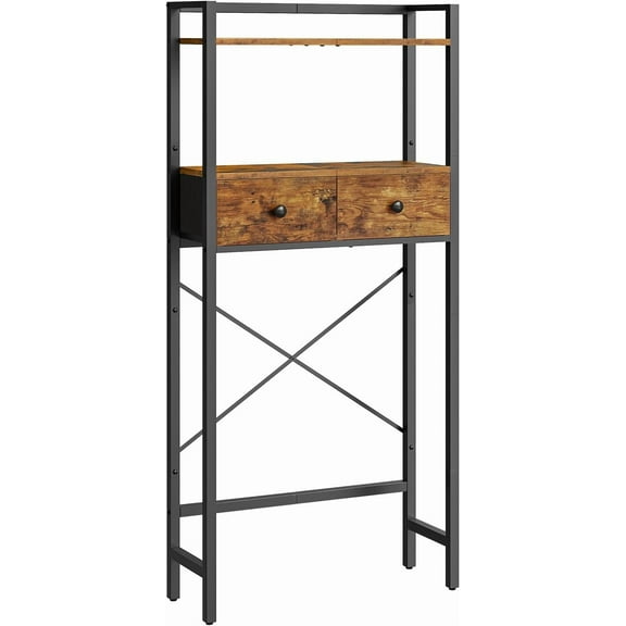 Over-The-Toilet Storage Rack with 2 Drawers, 3-Tier Bathroom Organizer Shelf Over Toilet, Freestanding Toilet Shelf, Storage Cabinet, Rustic Brown and Black