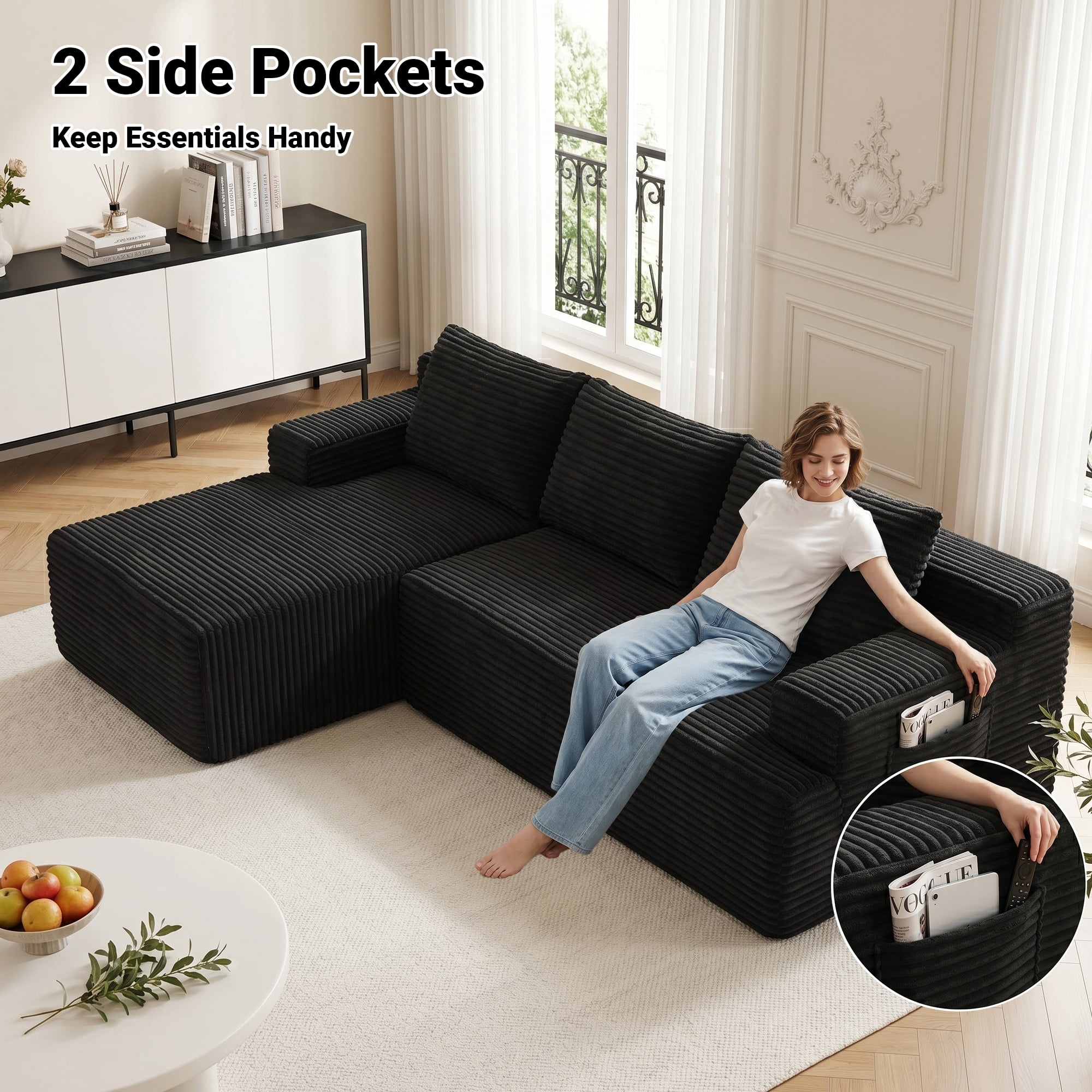 Vanress 96 Inch Modular Sectional Couches for Living Room, Modern Boneless Sofa, Upholstered Deep Seat Cloud Couch, Corduroy Comfy L-Shape Sofas Couches, No Assembly, Black (Left Facing Chaise)