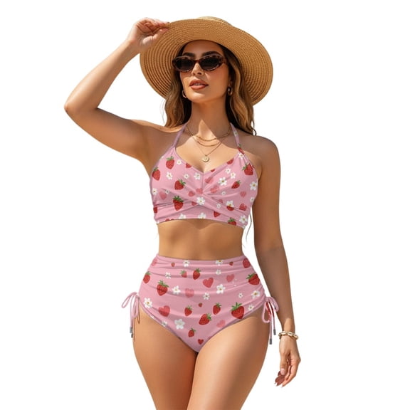 DISNIMO Strawberry Flower Print Women's Bikini Sets Two Piece High Waisted Bathing Suit Tummy Control Swimsuits Summer Beach Swimwear, XS
