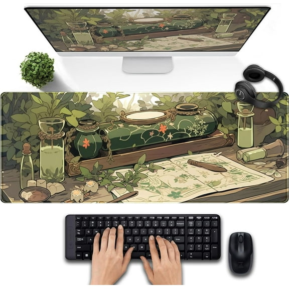 Cute Green Plants Desk Mat Anime Sage Mouse Pad Gaming Desk Pad XL, Kawaii Aesthetic Laptop Computer Keyboard and Mouse Mat, Desktop Decor Accessories Mousepad for Girl Women Office 31.5"x11.8"