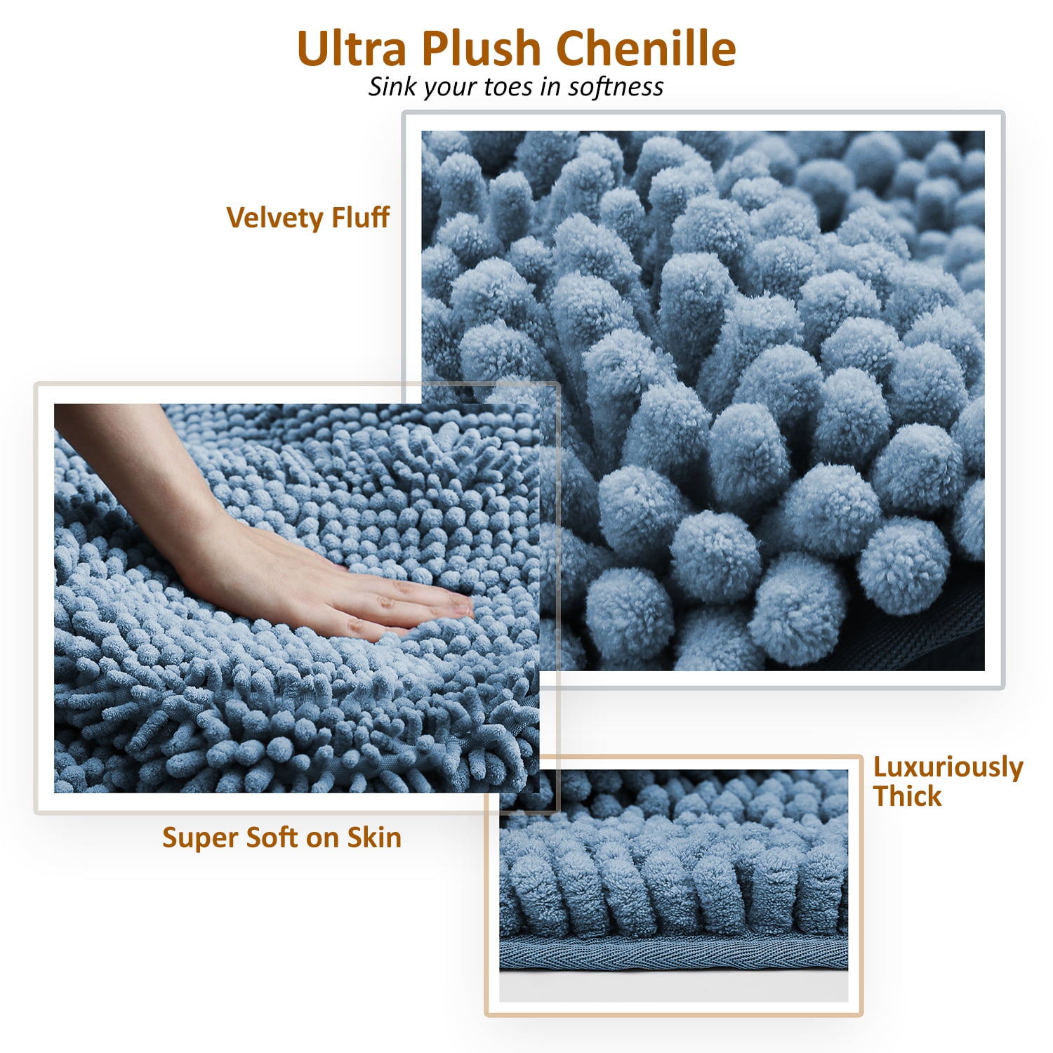 Clara Clark Chenille Super Absorbent Bath Mat - Extra Soft - Shower and Bath Room - Machine wash dry - Size Extra Large 44 x 26 - Blue Heaven
