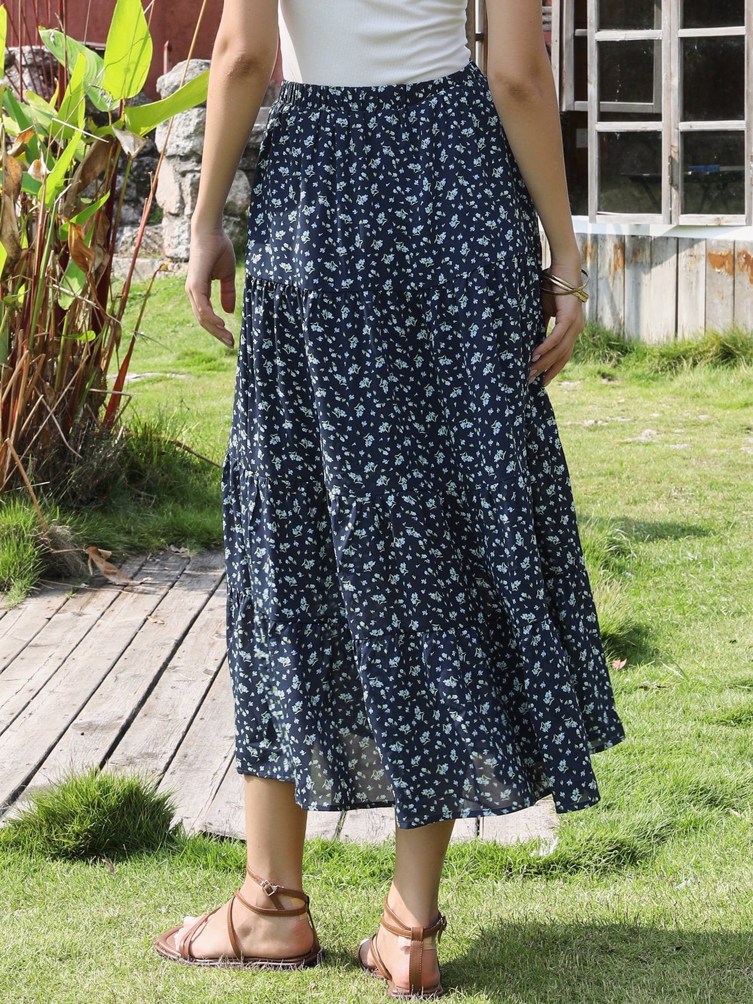 DARING DIVA Women's Floral Maxi Skirt Elastic High Waist A Line Skirts X-Large Dark Blue