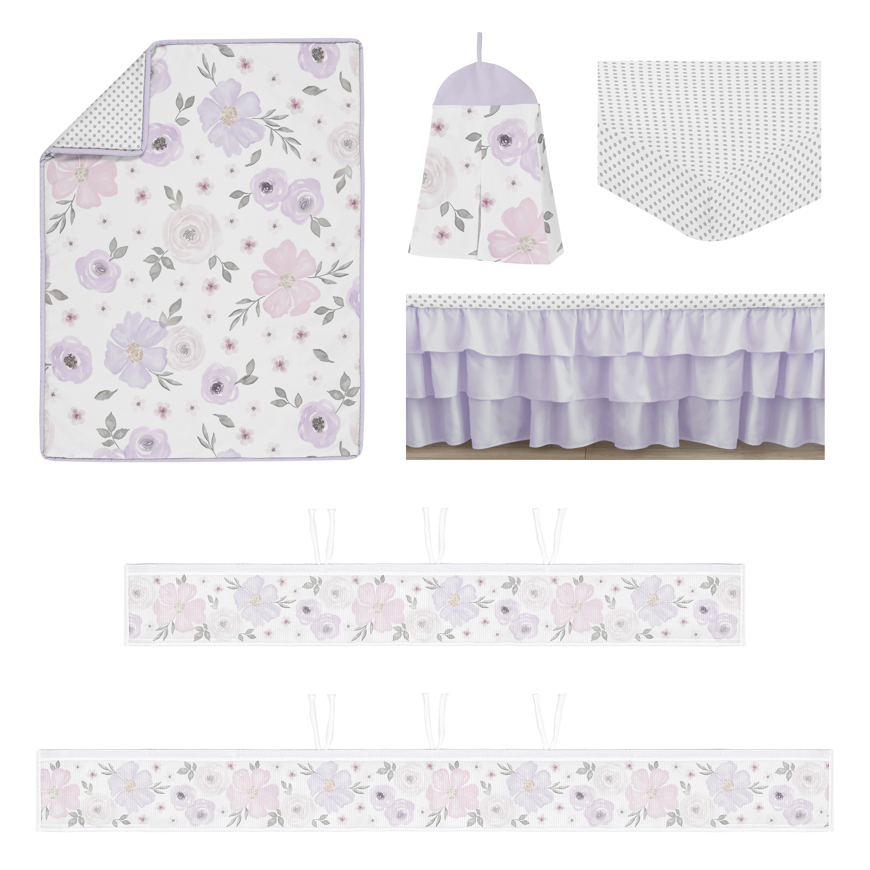 Sweet Jojo Designs Watercolor Floral Purple Pink and Grey Crib Bedding + BreathableBaby Breathable Mesh Liner Pad