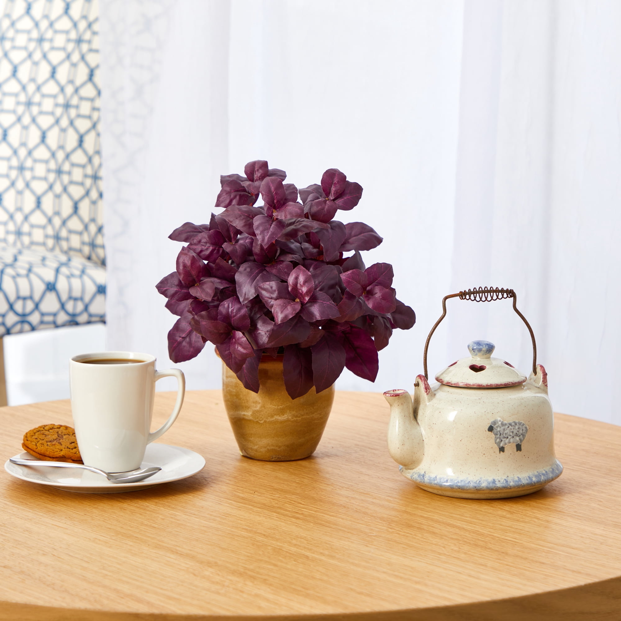 Nearly Natural 12in. Basil Artificial Plant in Ceramic Planter