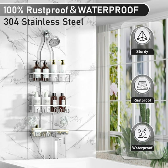 JUNCHI-Shower Caddy,Rustproof Shower Shelves Over Shower Head,Triple Adjustable Storage,Silver