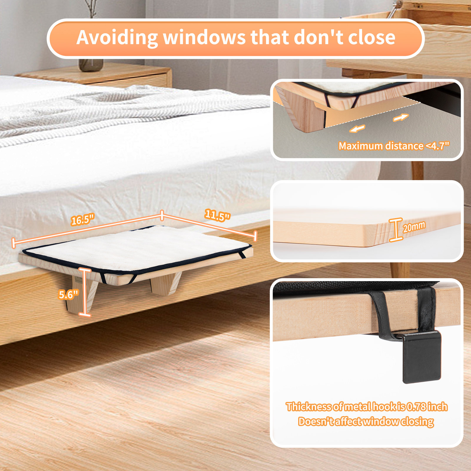 PETSFIT Cat Window Perch, Cat Hammock Window Seat with Natural Solid Wood&Removable Fleece Mat,Safety Sturdy Cat Bed for Windowsill, Bedside and Drawer