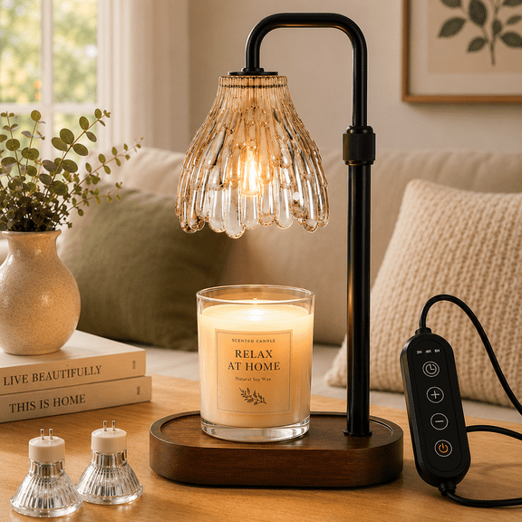 Mitzzllc Candle Warmer Lamp with Timer & Dimmer,Adjustable Height,Safe Flameless Wax Warmer Lamp,Fits Most Jar Candles,Glass Shade,Includes 2 Bulbs,Home Decor