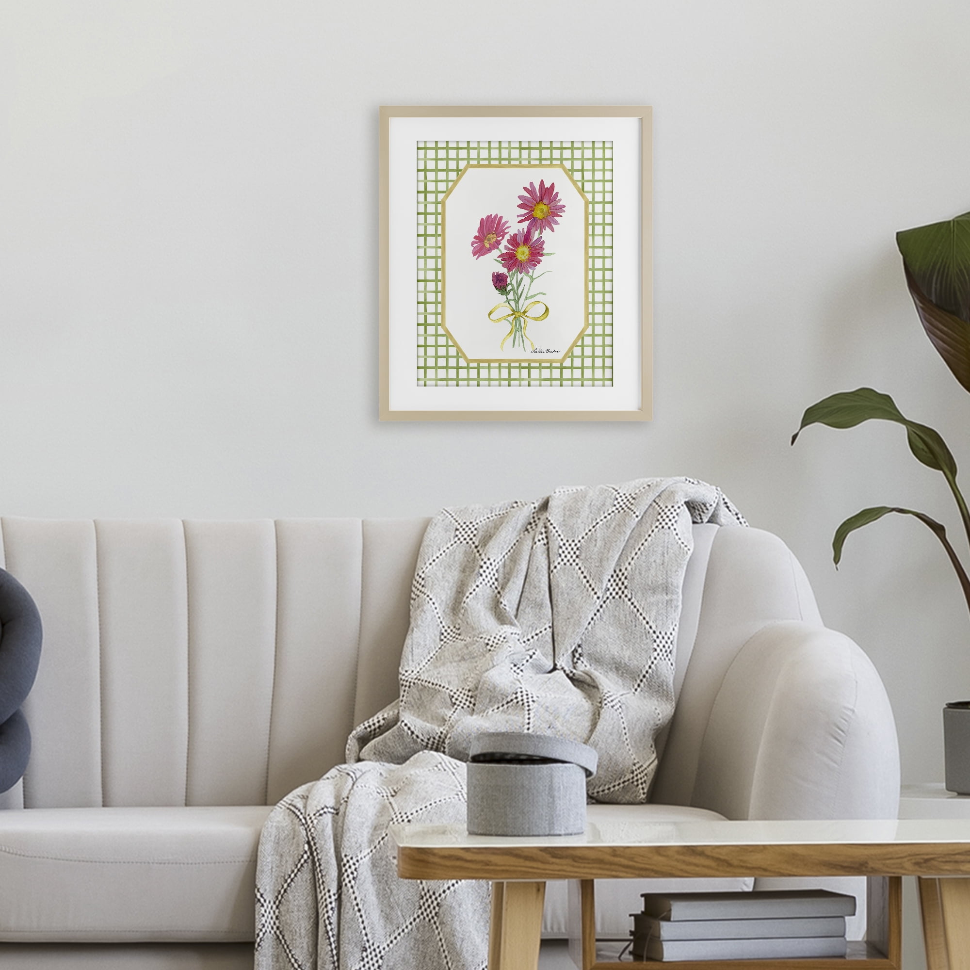 Botanical Story on Gingham Birch Framed Print Under Glass, design by Lee Ann Sanders