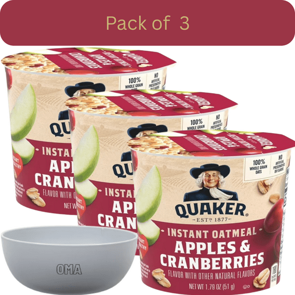 Quaker Instant Oatmeal Apples & Cranberries, 3 Pack (1.79 oz Cups) – with Bowl by OMA
