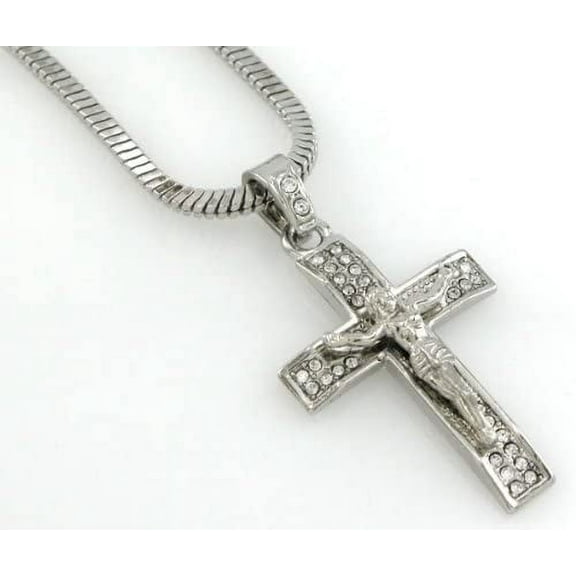 Hip-Hop Bling Iced Silver Tone Crucifix Christ cross Pendant Necklace with Free 24" chain,