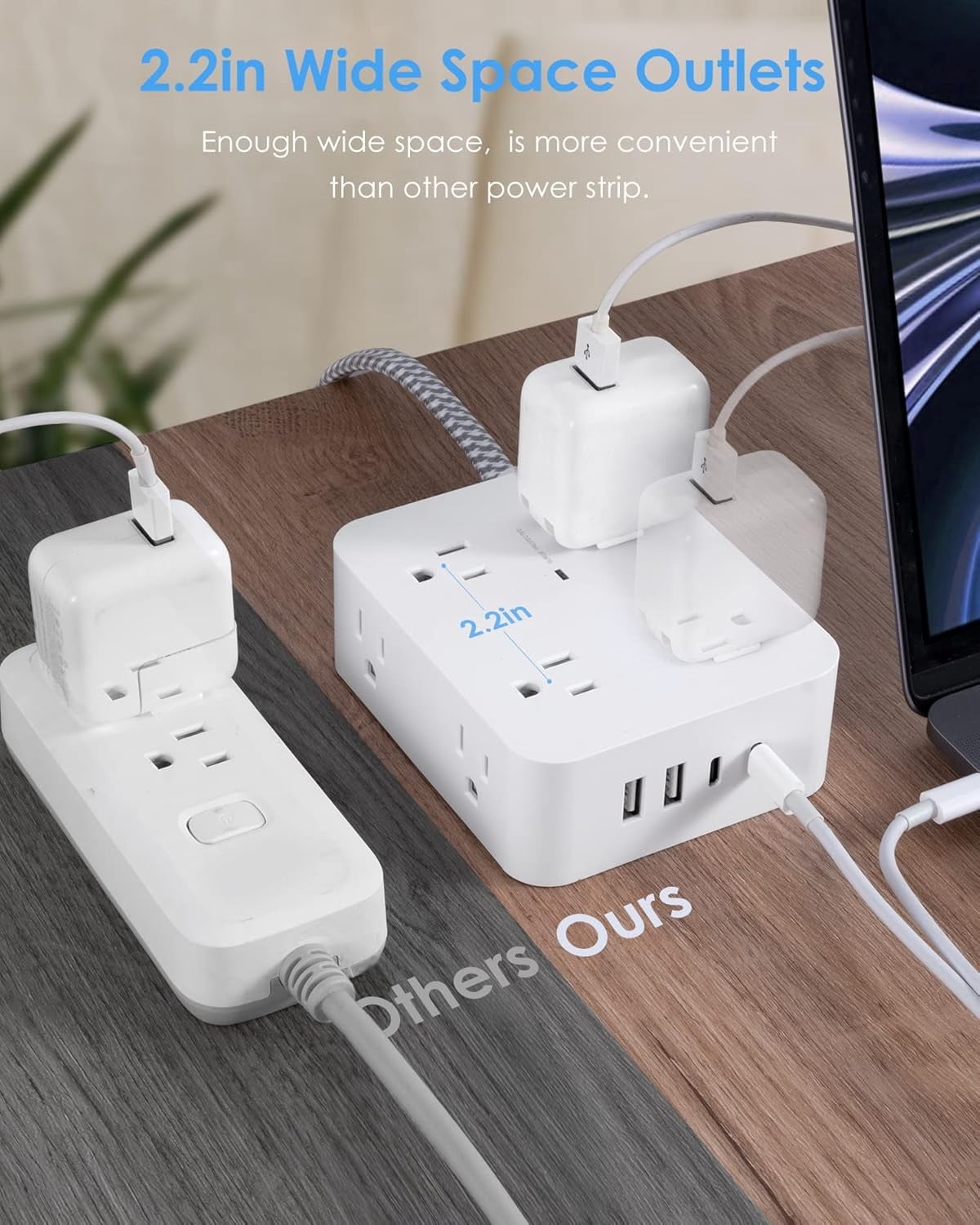 AllWays Plaza Extension Cord 20 Ft, Power Strip Surge Protector with 8 Outlets 4 USB Ports(2 USB C), Long Cord, Flat Plug, Wall Mount, Desk USB Charging Station for Home Office Essentials