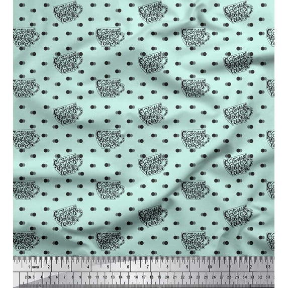 Soimoi Green Silk Fabric Dot & Good Day Start With Coffee Text Print Fabric by the Yard 42 Inch Wide