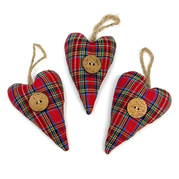 Red Tartan Homespun Fabric Heart Christmas Ornaments Valentine Decor - Set of 3 - by Marilee Home