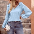thumbnail image 4 of Womens Chiffon Blouses Long Sleeve V Neck Tops Dressy Casual Loose Pom Pom Shirts Ruffle Trim Shoulder Tshirts Top, 4 of 5