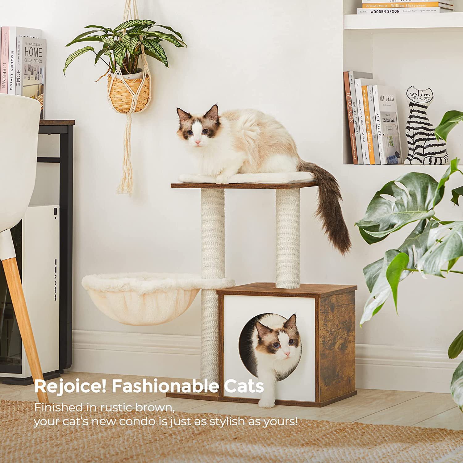 Rustic Brown UPCT122X01 Small Wooden Cat Condo with Scratching Posts Modern Cat Tower FEANDREA Cat Tree for Indoor Cats for Kittens Removable Washable Cushions 