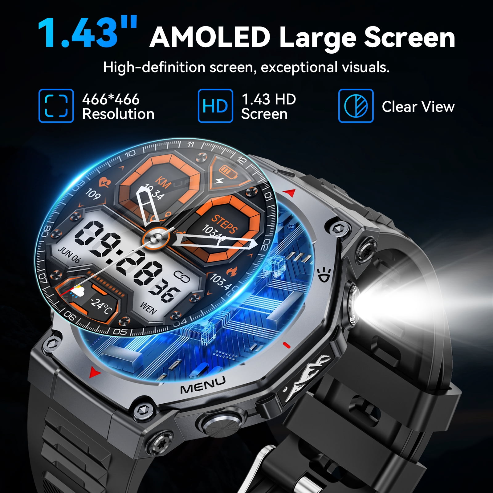 Haulvean Military Smart Watch for Men, 1.43-inch AMOLED Outdoor Sports Fitness Tracker Watch, with IP68 Waterproof/Answer/Make Calls/100+ Sports Modes, fits for Android and Iphone Devices (Black)
