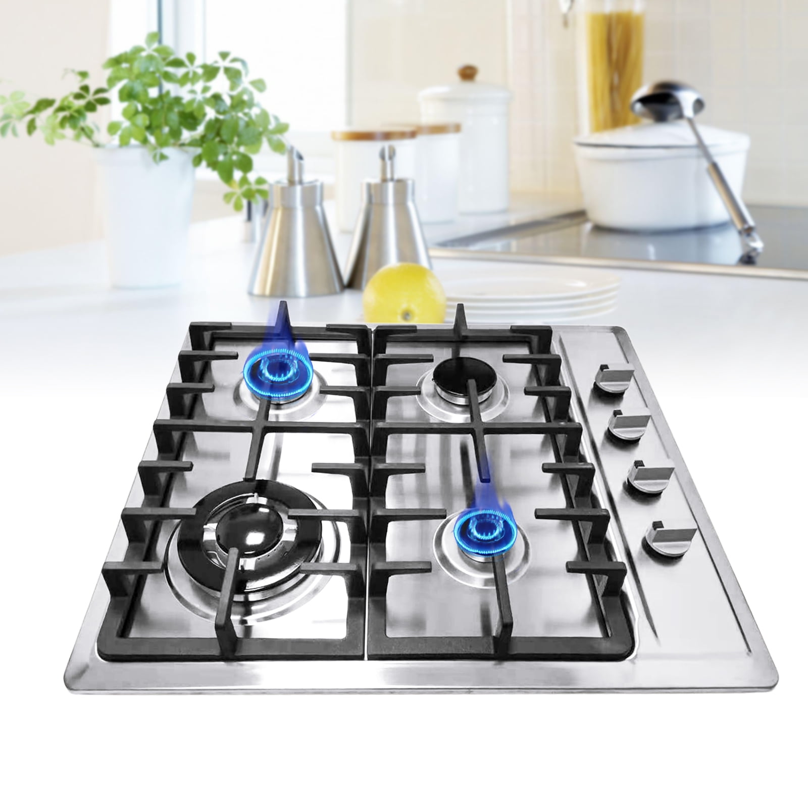 Wildnix Gas Cooktop with 4 High-Powered Burners – Cast Iron Grates, Energy-Efficient, Safe Ignition, Even Heating for Cooking Multiple Dishes at Once, Ideal for Home Kitchens