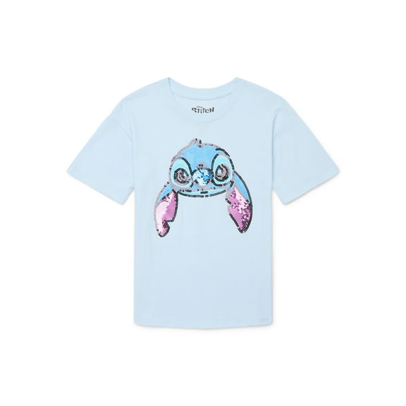 Stitch Girls Sequin Graphic Tee with Short Sleeves, Sizes 4-16