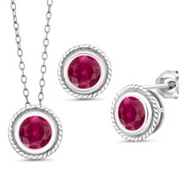 Gem Stone King 925 Sterling Silver Red Created Ruby Pendant Earrings Set for Women (3.00 Cttw, Gemstone July Birthstone, Round 6MM, With 18 inch Chain)
