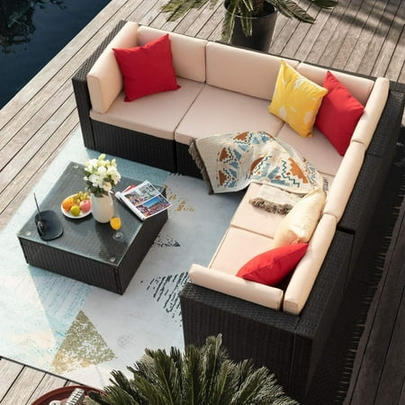 Devoko 6 Pieces Patio Furniture Set Outdoor Sectional Sofa, Beige, Wicker, Rattan, Steel