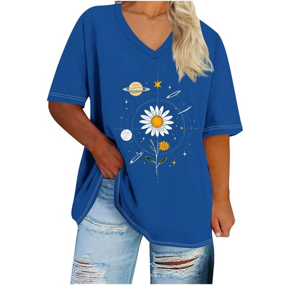 Plus Size Womens T Shirts Printed Oversized V Neck Short Sleeved Solid Summer Base Shirt Sports T Shirt