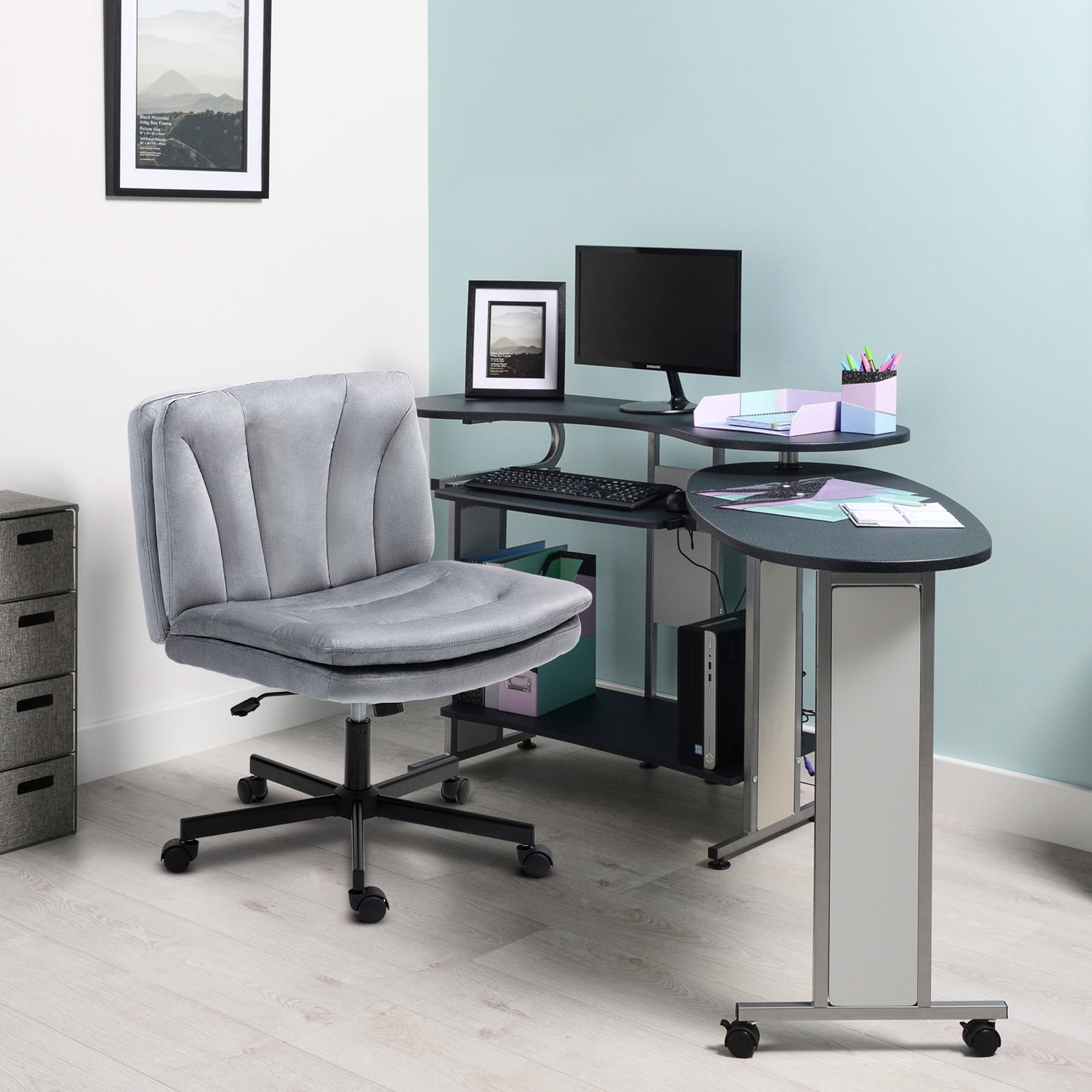 Criss Cross Legged Chair Ergonomic Home Office Desk Chair with Casters, Armless Wide Comfy Computer Task Seat Swivel Rolling Vanity Chair with Height Adjustable and Rocking Function, Gray