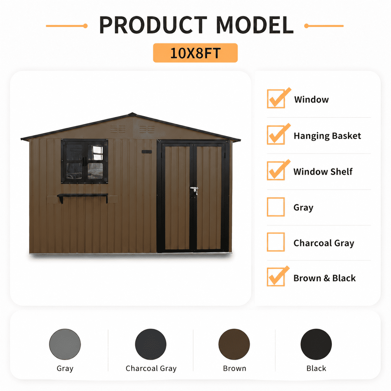 Mintazer 10×8ft Metal Outdoor Storage Shed with Lockable Door & Window, Weatherproof Garden Tool Shed with Flower Baskets, Brown