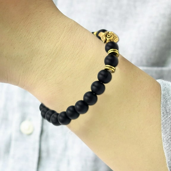 rygai Beaded Bracelet Geometric Beads Owl Charm Adjustable Elastic Rope Stress Relief Gift Natural Faux Volcanic Stone Energy Bangle Women Men Jewelry Gift,Golden