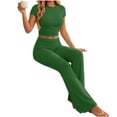thumbnail image 4 of Womens 2 Piece Lounge Set Short Sleeve Crop Top Wide Leg Flare Pants Matching Pajamas Set Cozy Stretchy Y2k Sleepwear Casual Daily Outfit, Army Green Olive, L, 4 of 8