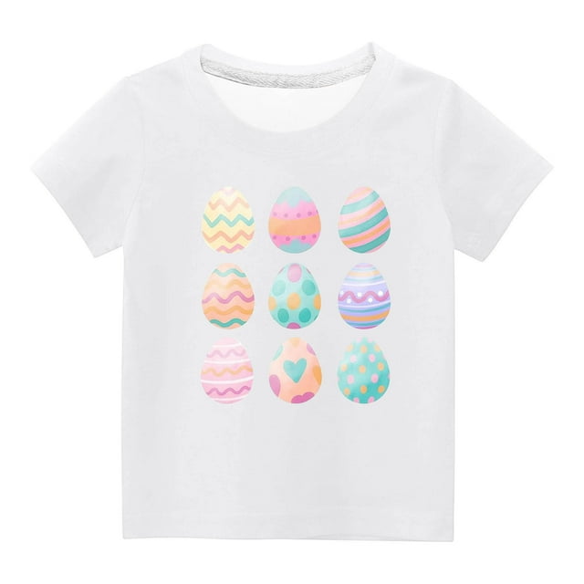 Penkiiy T-Shirts de Pâques pour Enfants Garçons Filles Mode Œufs de Pâques Imprimé Col Rond Manches Courtes 13 Ans Blanc