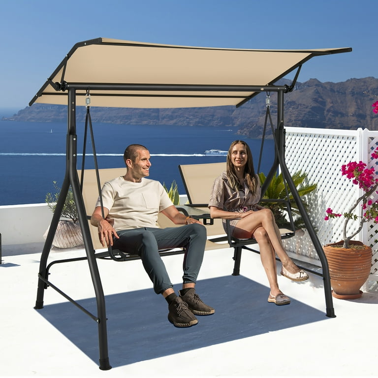 Costway 2 Seat Outdoor Patio Swing Adjustable Canopy Tempered Glass Table Top Cup Holder Beige