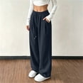 thumbnail image 5 of Womens Casual Wide Leg Pants, Elastic Waist Drawstring Solid Color Loose Trousers with Pockets, Lounge Pants for Work Home Daily Travel Wear | VerBelle,Navy XL, 5 of 8