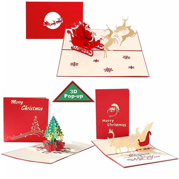 Juego de 3 tarjetas de Navidad emergentes 3D con Papá Noel, árbol de Navidad y sobres de reno para amigos, cortadas con láser, tarjetas de felicitación divertidas para Navidad, Año Nuevo Rojo Verde RV011031-00207SDJ