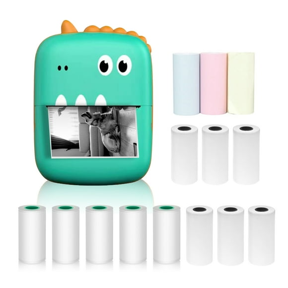 Mistaha Portable Mini Dinosaur Green Pocket Printer A8 2-inch 57mm 200dpi Thermal Print for Notes/Images/Web/Text/Memos with Lithium Battery, 6 Thermal Paper + 5 Adhesive Paper + 3 Color Paper.
