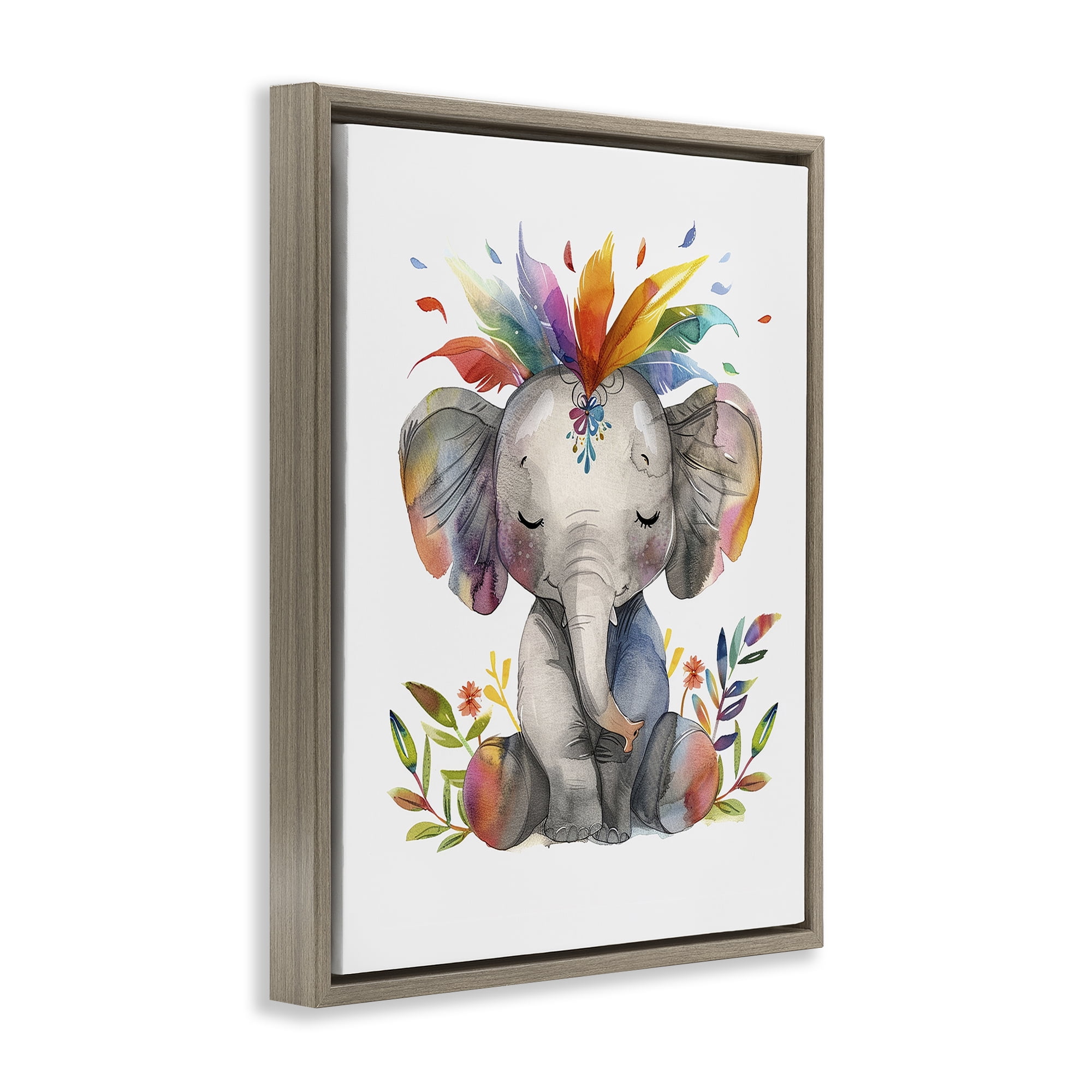 Stupell Industries Rainbow Blooms Elephant Animals Painting Brown Floater Framed Canvas Art Print Wall Art, 17 x 21