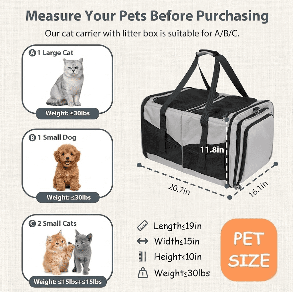 Mashelly Cat Carrying Case,  Protable and Breathable Pet Travel Carrier, Double Compartment Cat & Dog Carrier for 2 Cats, Expandable Double Soft Sided Carrier with 2 Litter Boxes