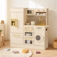 thumbnail image 3 of Robud Kids Wooden Floral Kitchen Play Set Pretend Playset Toy with Refrigerator, Oven, Microwave oven, Dishwasher, Play Cooker for Girls Boys Age 3+, Beige, 3 of 14