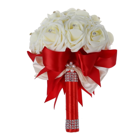 Beautiful Wedding Bouquet Bridal Bridesmaid Flower wedding bouquet artificial flower bouquet white bridal bouquets-Red&White Ribbon,1 x Bridal bouquet,Cream (not pure White)+Red and Cream