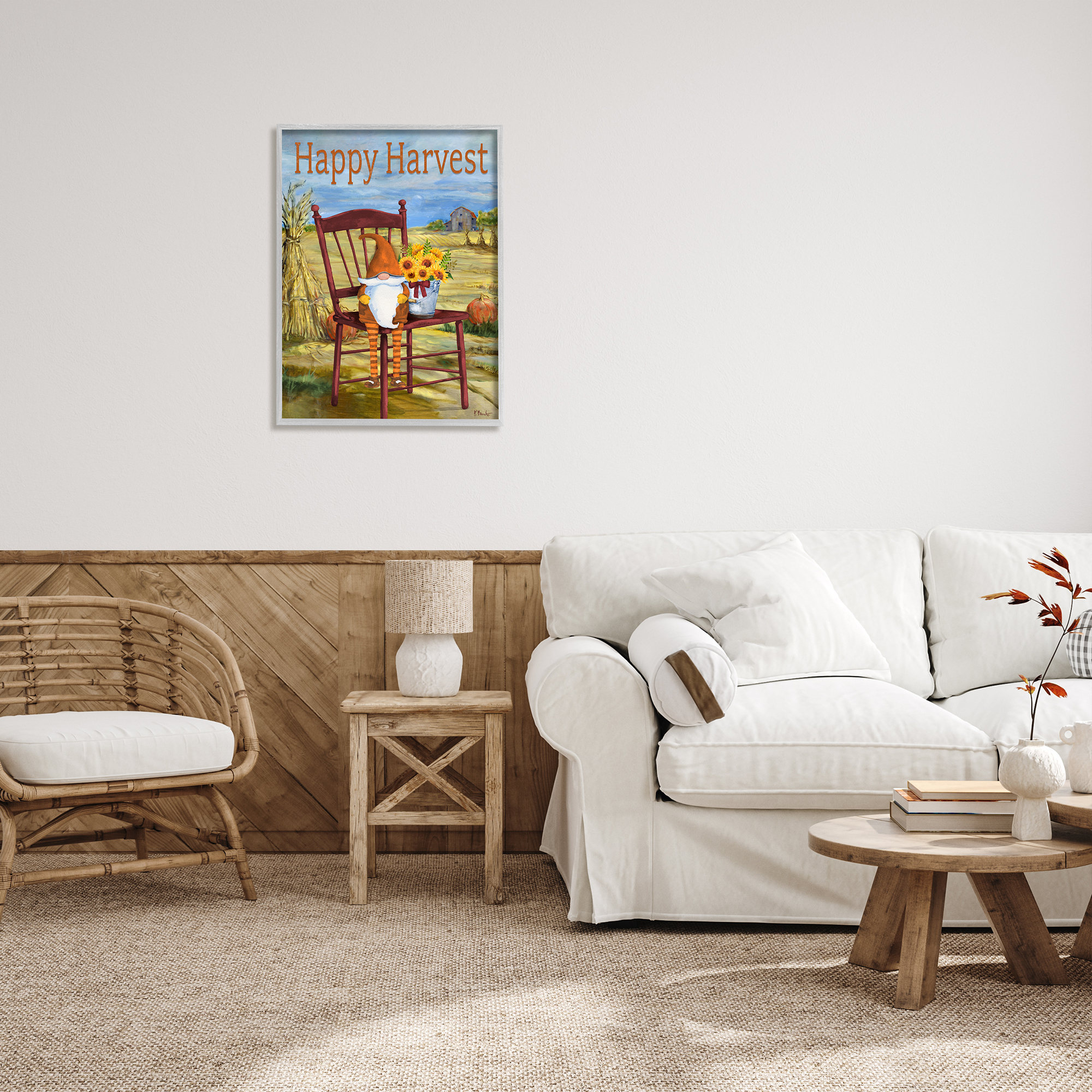 Stupell Industries Happy Harvest Country Gnome Landscape Painting Gray Framed Art Print Wall Art, 24 x 30