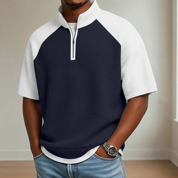 S-5X Plus Size Mens Big & Tall T-Shirts Short Sleeve Tshirts Shirts for Men Summer Waffleknit Zipper Stand Collared Casual Tees Tops