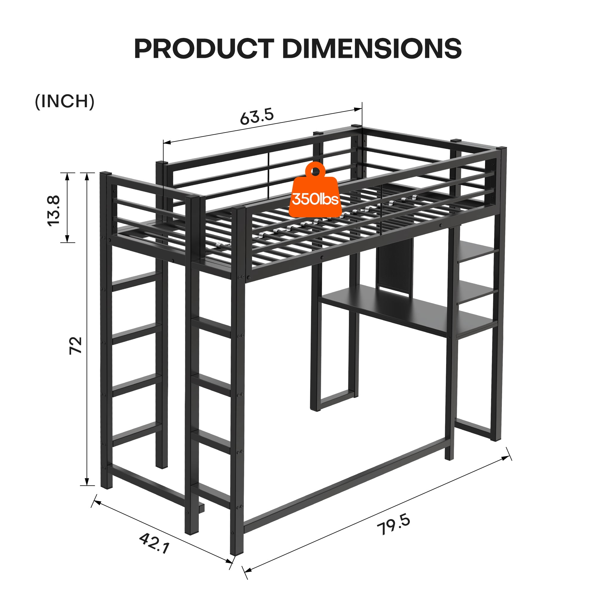 Alvantor Twin Size Loft Bed Frame with Desk & Open Shelves, Heavy Duty Metal Bed Frame for Boys Girls Teens Black