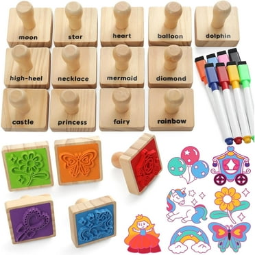 Coogam Wooden Stamp for Girls Friendship, 20pcs Color Shape Unicorn Butterfly Mermaid Stamp Set with Markers, DIY Arts Crafts Printing Stamping Party Favor Toy  for 3 4 5 Year Old