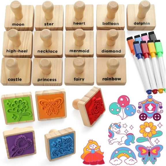 Coogam Wooden Stamp for Girls Friendship, 20pcs Color Shape Unicorn Butterfly Mermaid Stamp Set with Markers, DIY Arts Crafts Printing Stamping Party Favor Toy for 3 4 5 Year Old