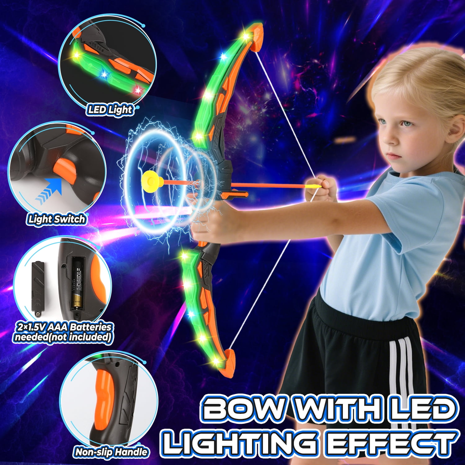 Hot Bee 2 in 1 Light-up Bow and Arrow Standing Shooting Targets Toys, Archery & Foam Dart, 2 LED Bows & 24 Arrows, Indoor Outdoor Shooting Game Christmas Toy Gift for Kids Ages 5-12