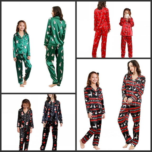 Uccdo Mommy and Me Family Matching Christmas Pajamas Set Boys Girls Silk Satin Button Down Sleepwear Xmas 2Pcs Pjs Set, 6-13 Years